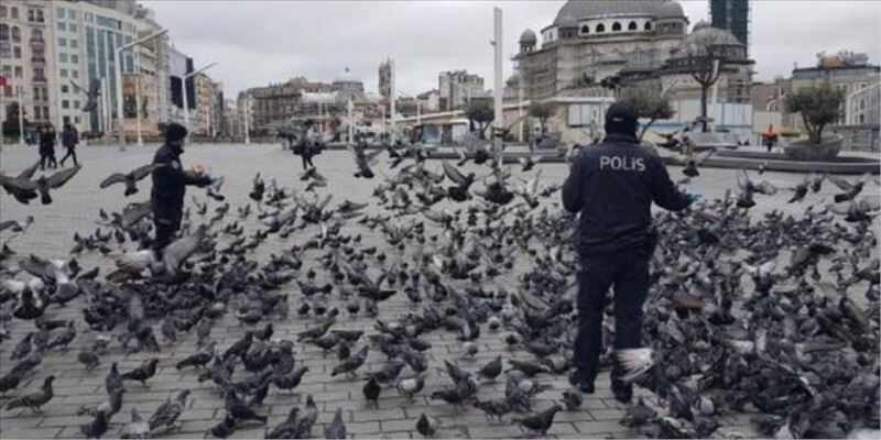 Taksim´de aç kalan güvercinleri polisler besledi